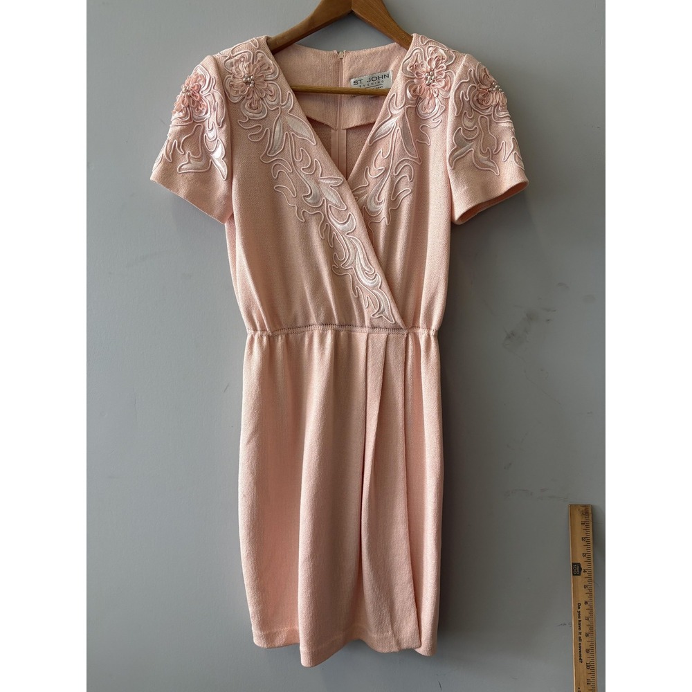 St. John Evening Dress Womens 4 Pink Embroidered Knit V Neck Short Mini Party‎